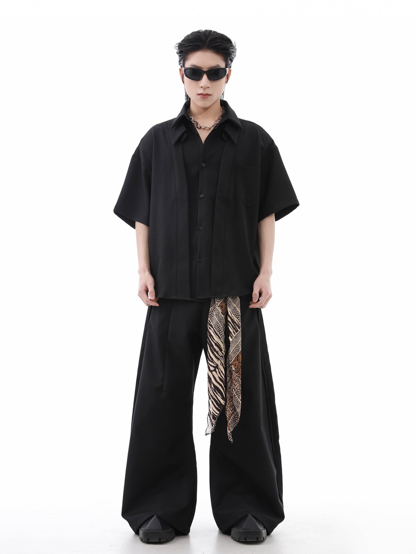 Patchwork Fake Layered Short Sleeve Shirt WN15677