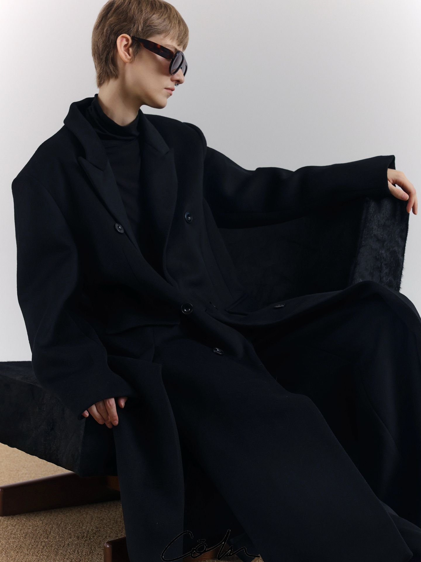 Wool Double Breasted Split Hem Long Coat WN21572