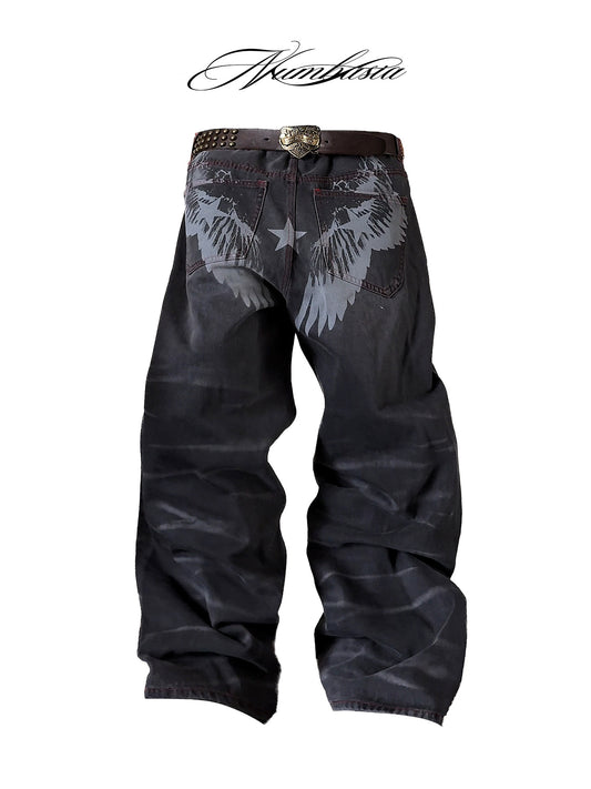 Washed Wing Star Print Wide Leg Denim Jeans WN27219