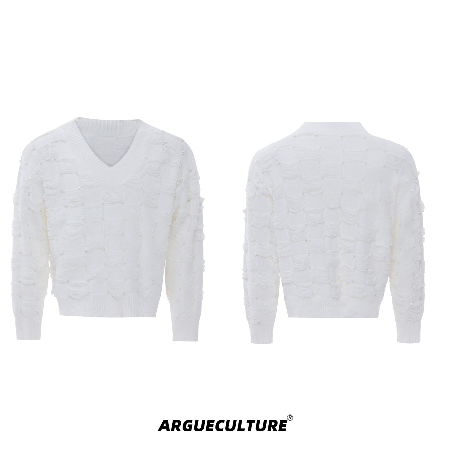 Pearl Beads V-Neck Fringe Knit Sweater WN21222