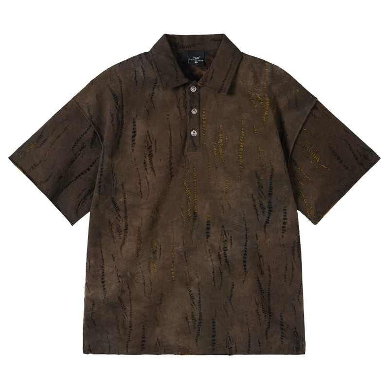 Wavy Pattern Raw Edge Print Short Sleeve Shirt WN17513
