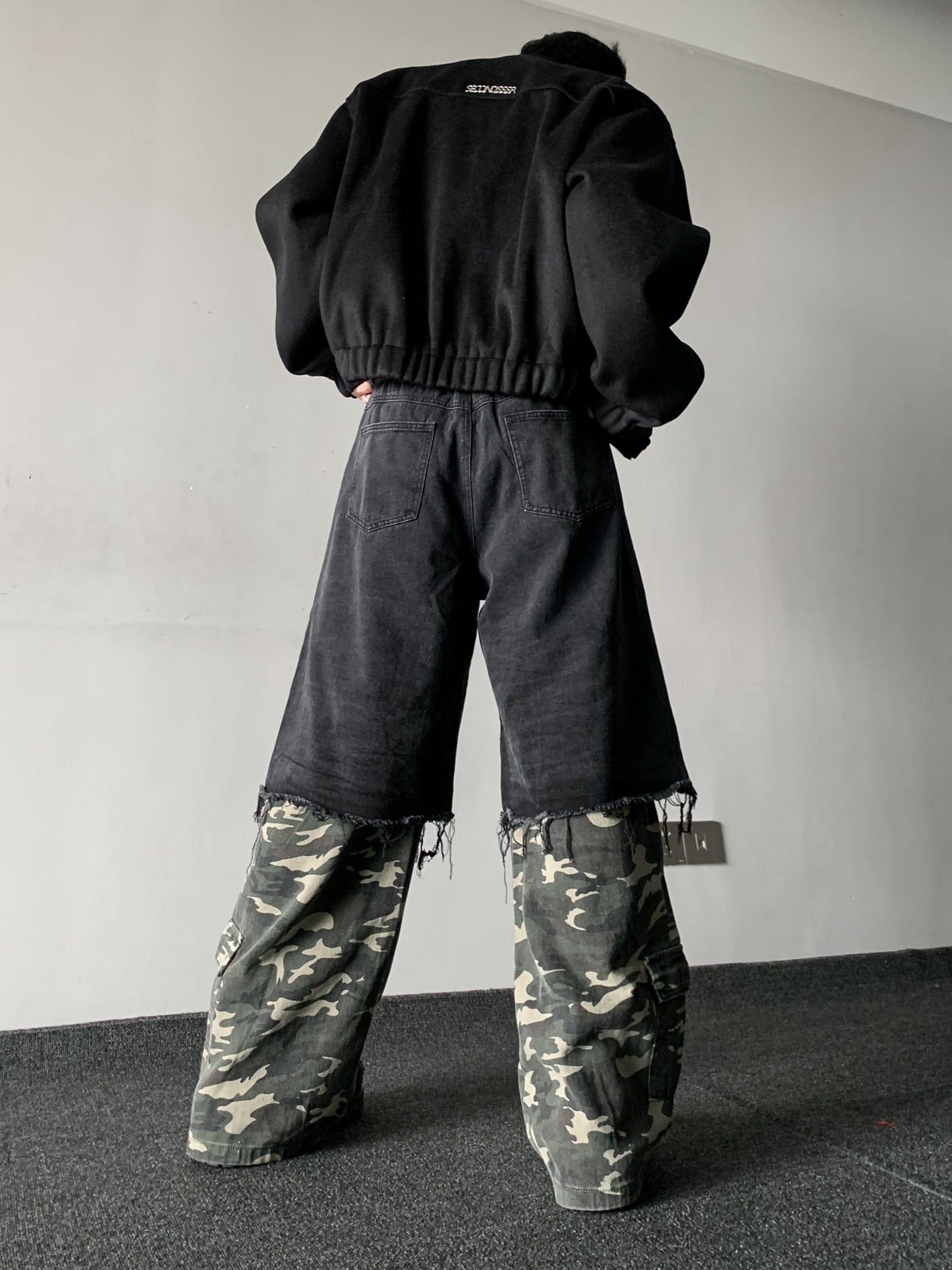 Fake Layered Wide Leg Cargo Denim Jeans WN15376