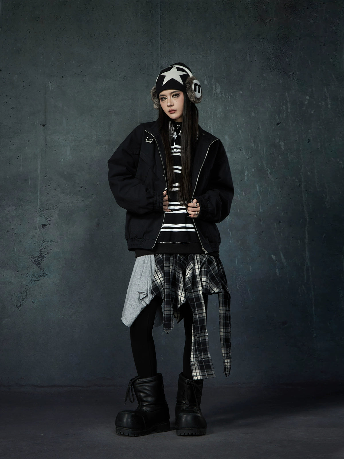 Deconstructed Layered Structured Stand Neck Ziper Jacket WN13448