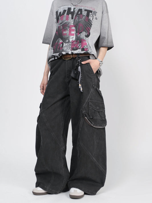 Washed Panel Seam Multi Pocket Wide Leg Denim Jeans WN24487