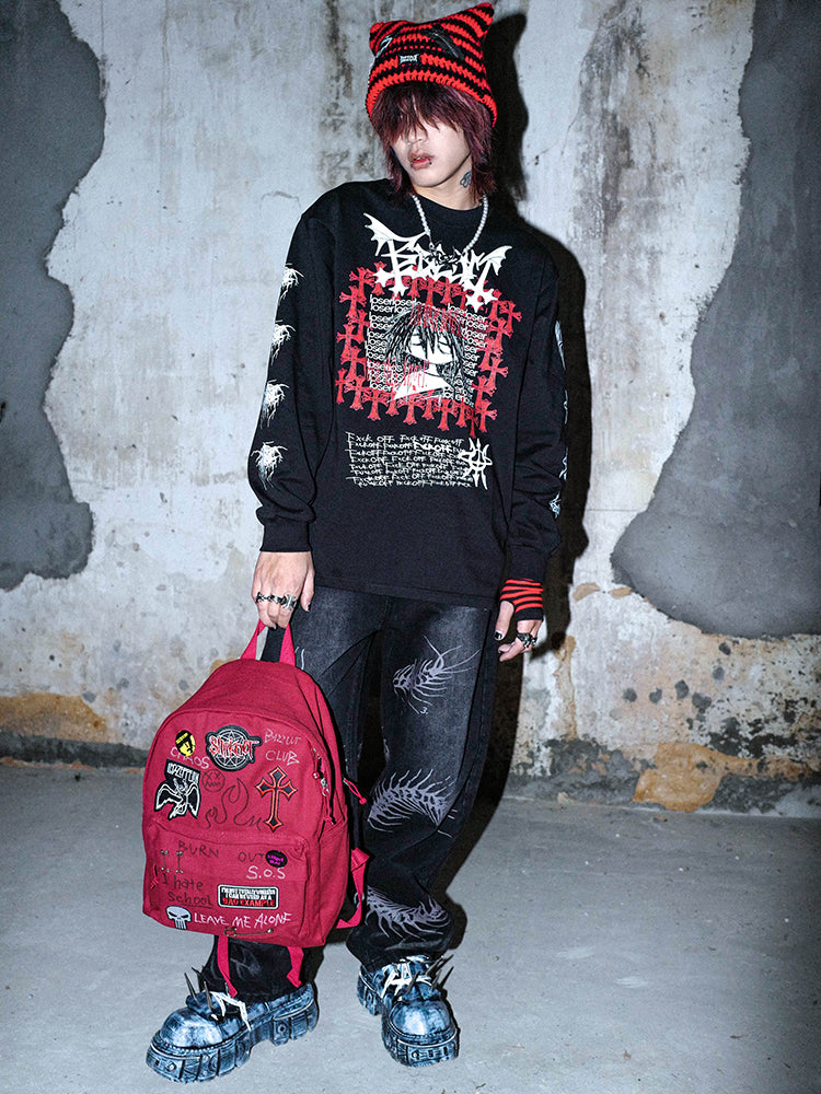 Cat Patch Chain Pin Stripe Knit Beanie WN15885