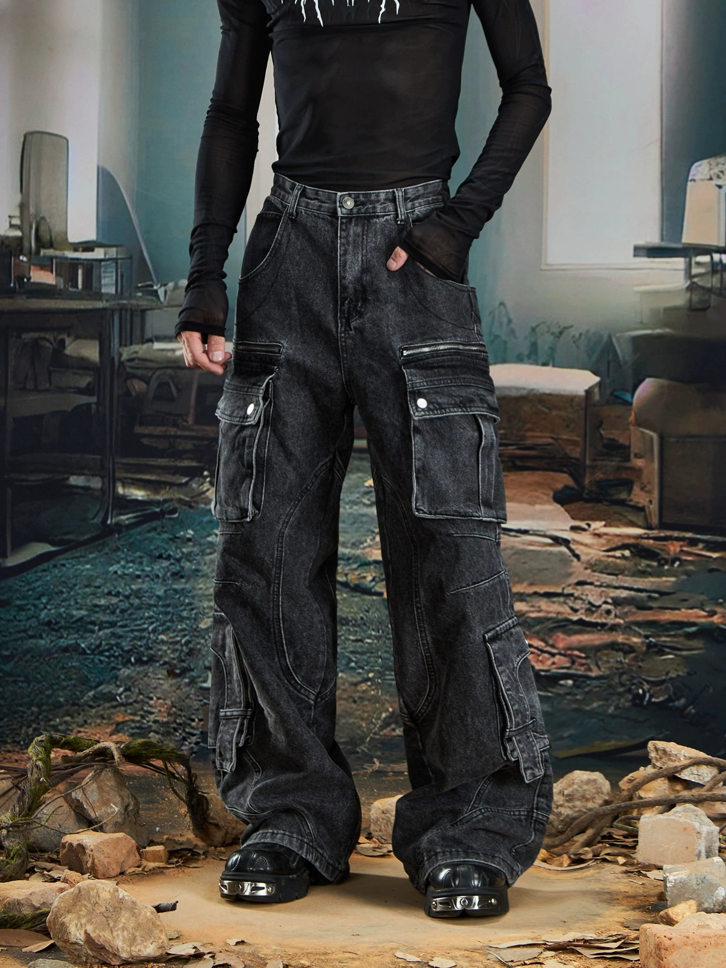 Multi-Pocket Washed Deconstructed 3D Cut Straight Cargo