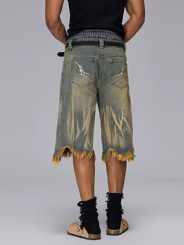 Washed Mud Dye Brush Finish Wide Leg Denim Half Pants WN17902