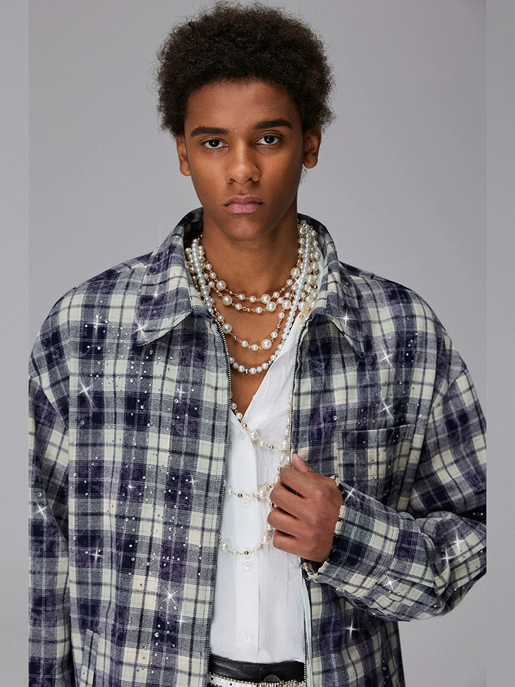 Rhinestone Plaid Drop Shoulder Zipper Jacket WN17799