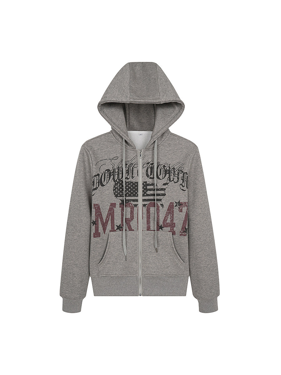 Damage Letter Print Fleece Lining Zipper Hoodie WN24208
