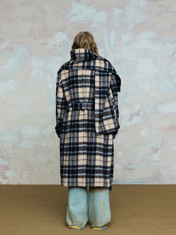Plaid Oversize Design Long Coat & Plaid Scarf WN17850