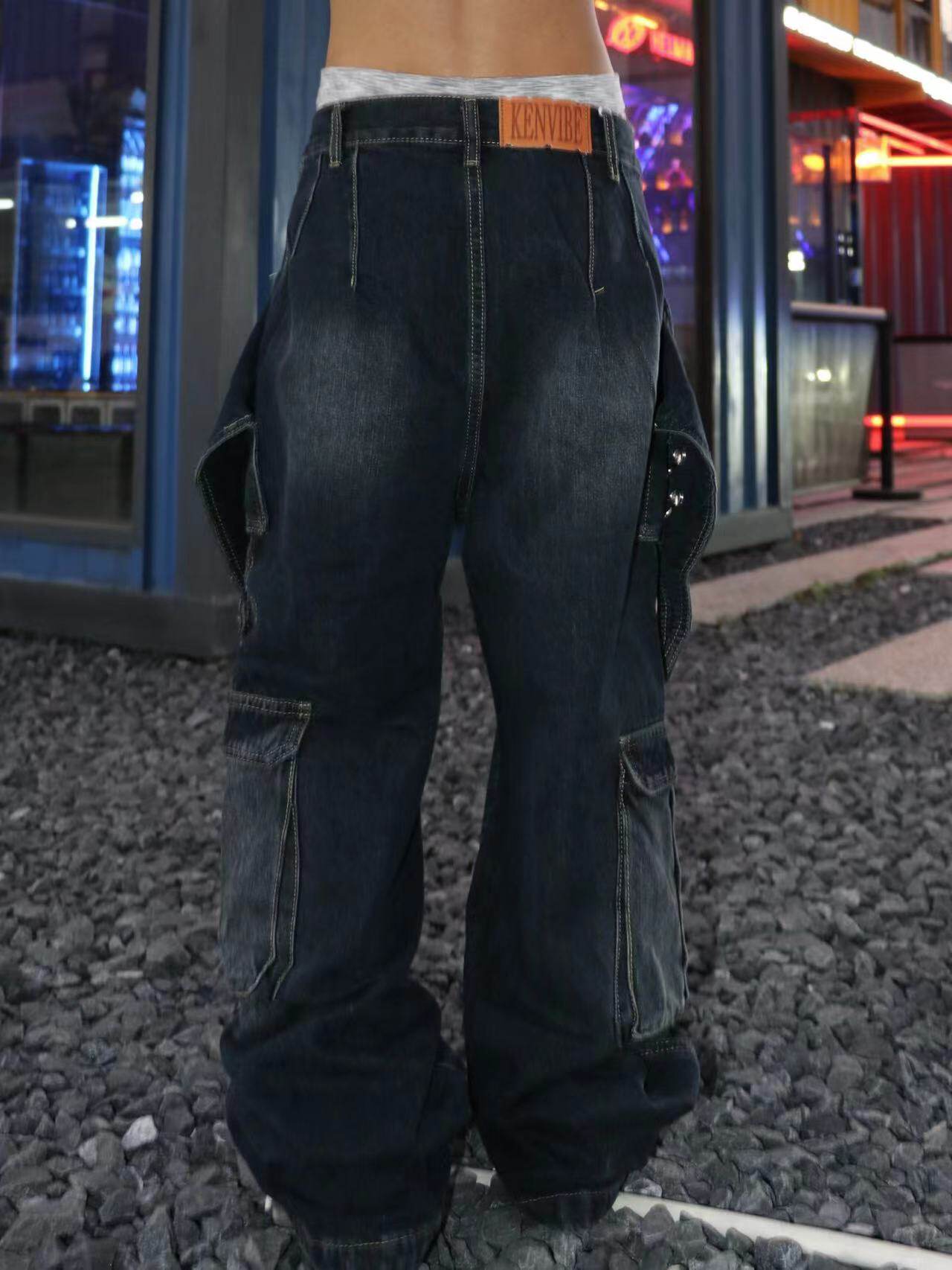 Deconstructed Pocket Washed Damage Wide Leg Cargo Denim Jeans WN24102