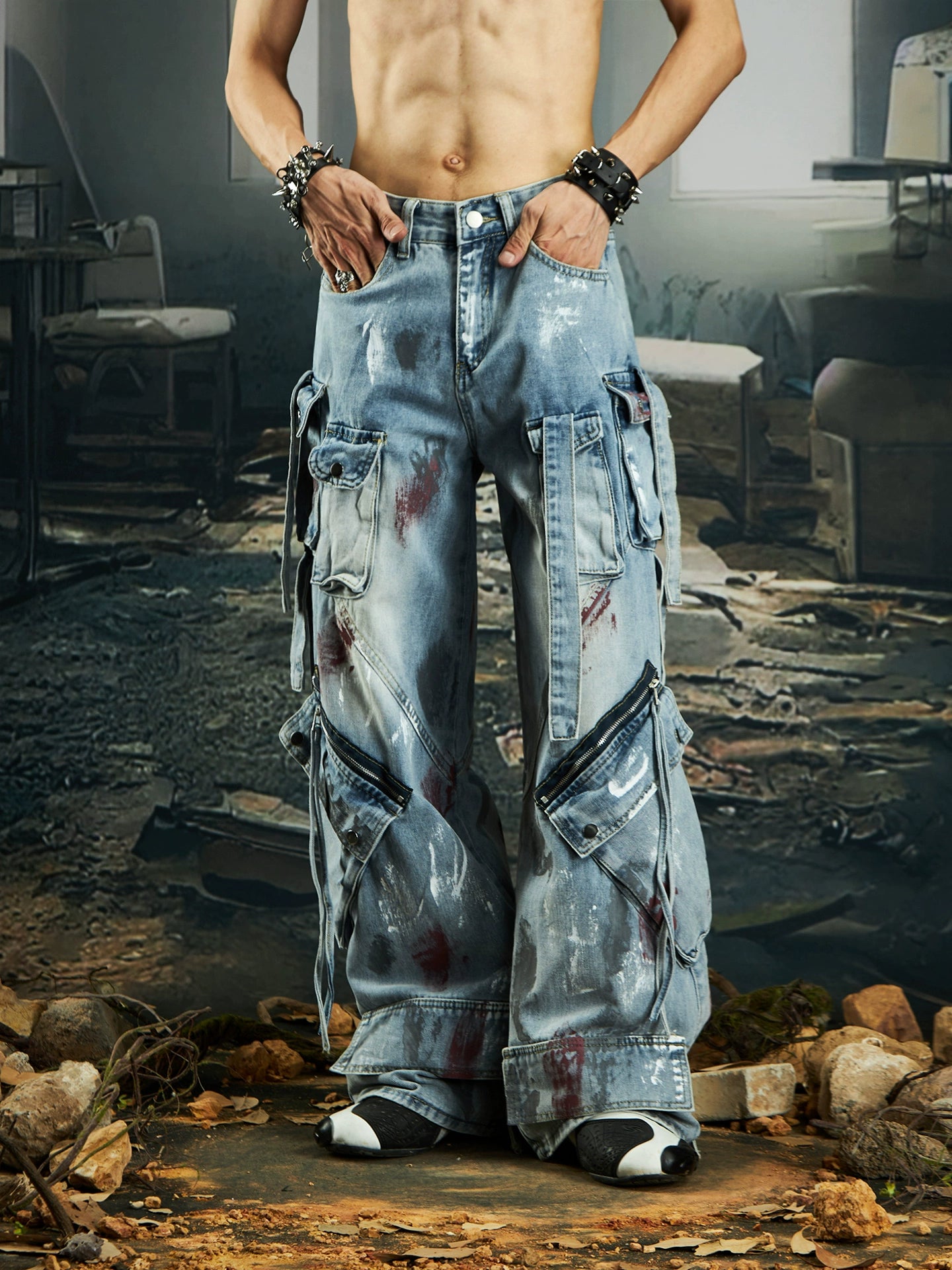 Multi-Pocket Ribbon Deconstruction Graffiti Wide Leg Cargo Denim Jeans WN20553