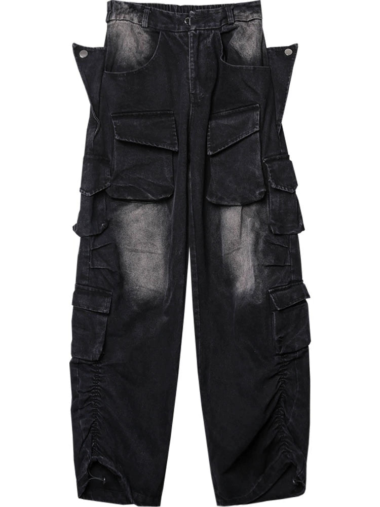 Damage Wash Multi-Pocket Wide Leg Denim Jeans WN22427