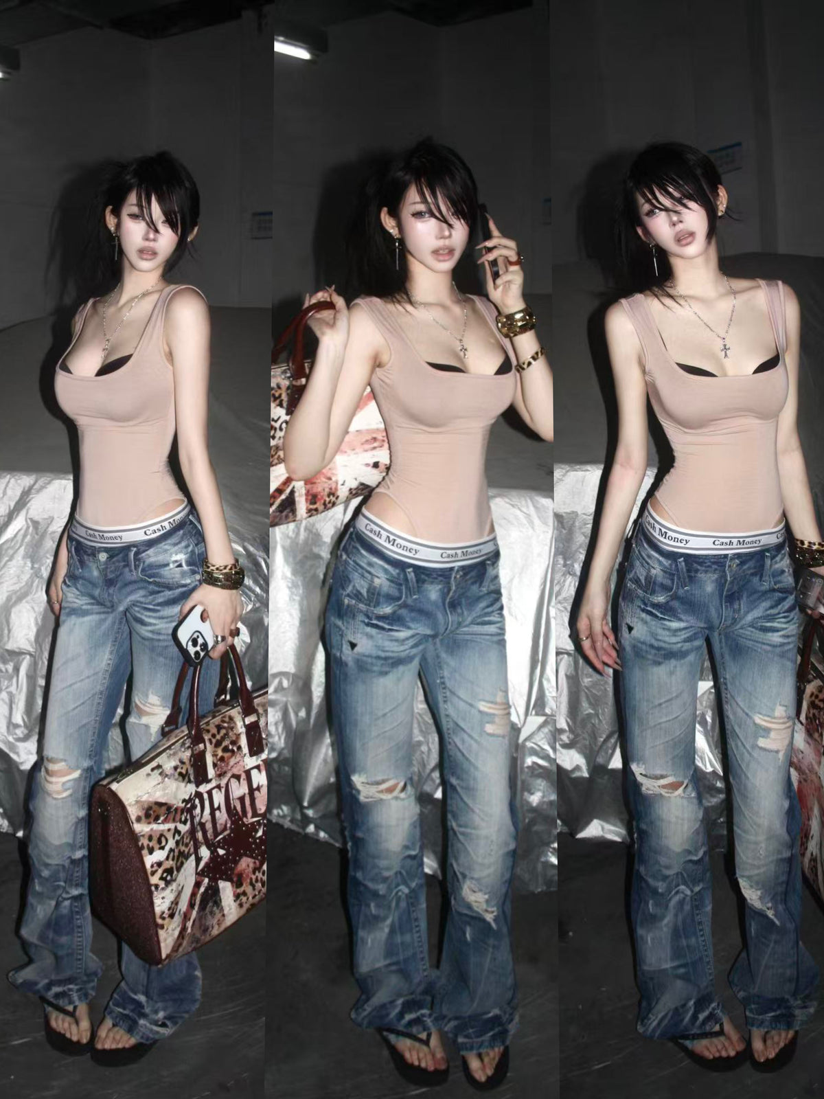 Damage Washed Stacked Denim Jeans WN27404