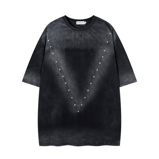 Washed Studded Letter Embroidery Short Sleeve T-Shirt WN26832