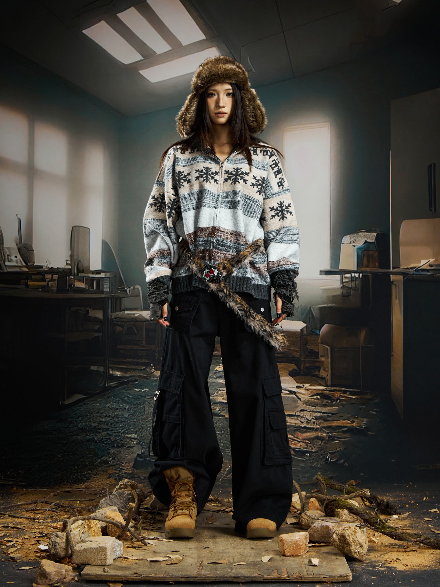 nowflake Contrast Hooded Zipper Knit Cardigan WN22750