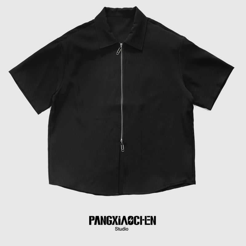 Black Color Zipper Short Sleeve Shirt WN20138