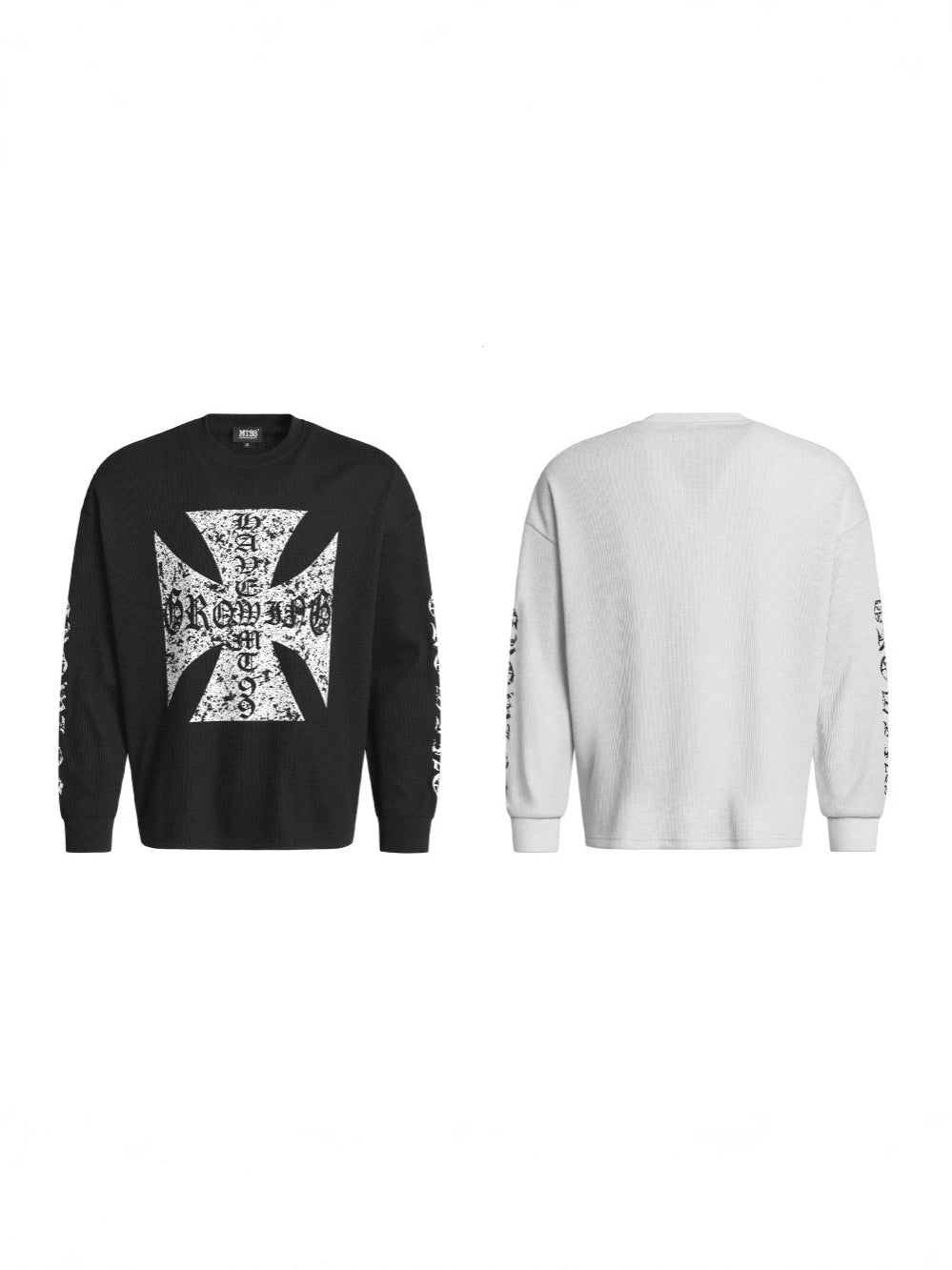 Cross Waffle Gothic Print Oversize Long Sleeve T-Shirt WN27901