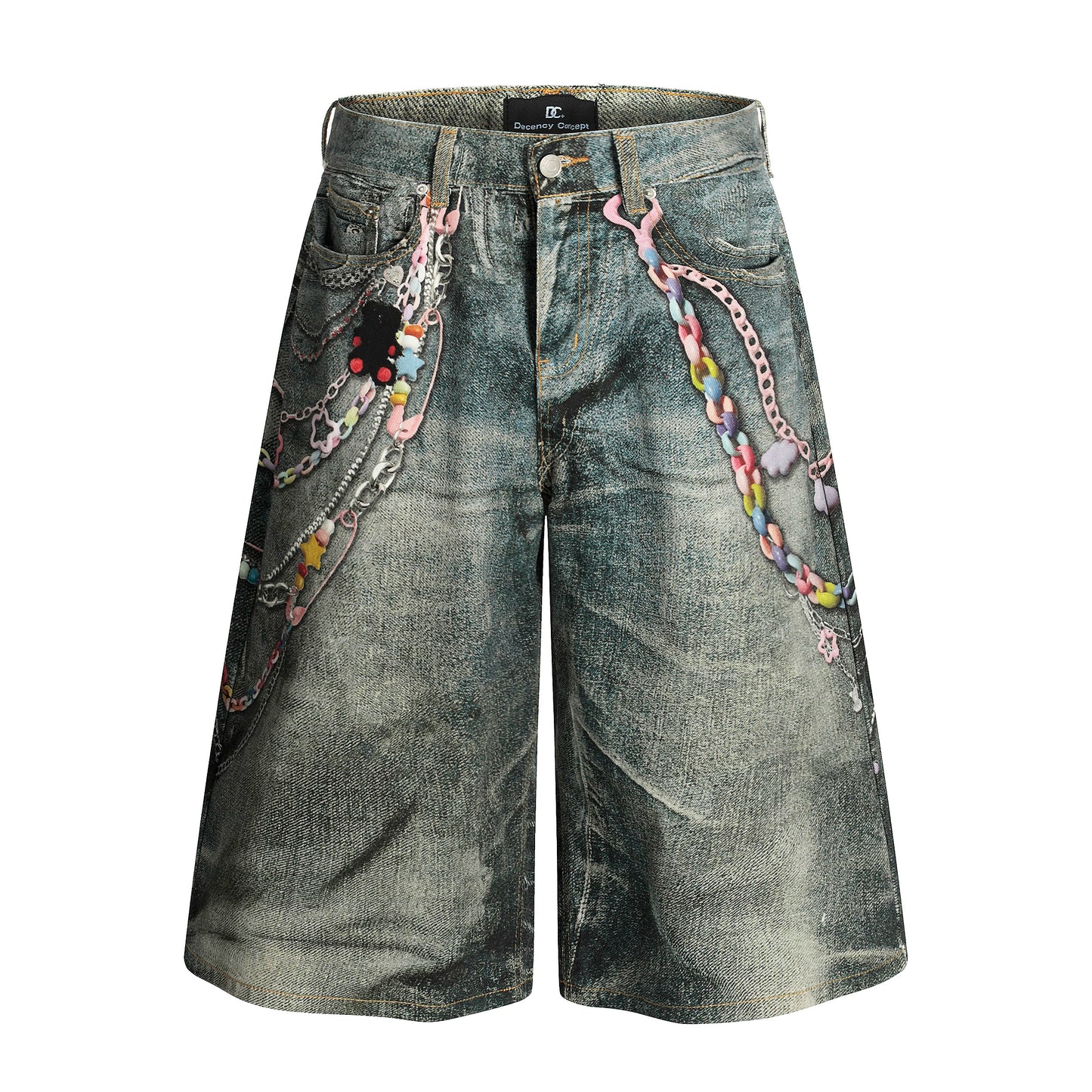 Digital Print Washed Wide Leg Half Denim Jeans WN19520