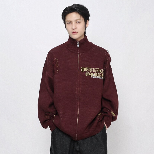 Damage Zipper High-Neck Oversize Knit Cardigan WN24422