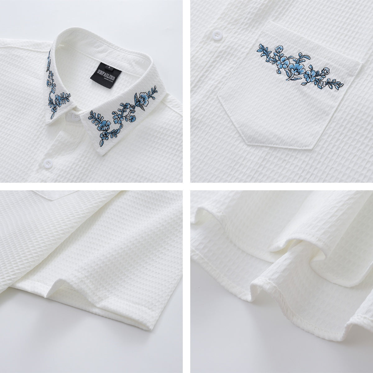 Floral Embroidery Waffle Short Sleeve Shirt WN16201