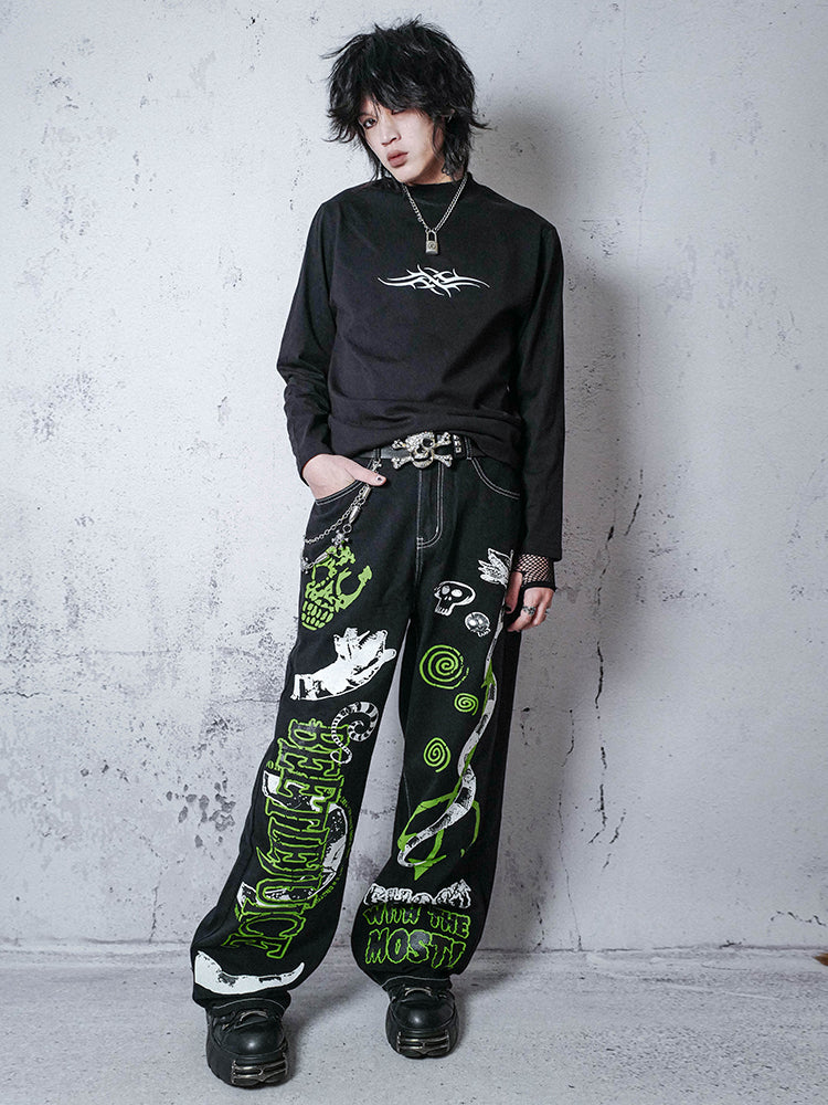 Graphic Design Wide-Leg Denim Jeans WN15876