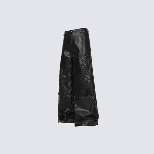 Shoulder-Pad Spider Web PU Leather Jacket Wide Leg Pants Setup WN27913