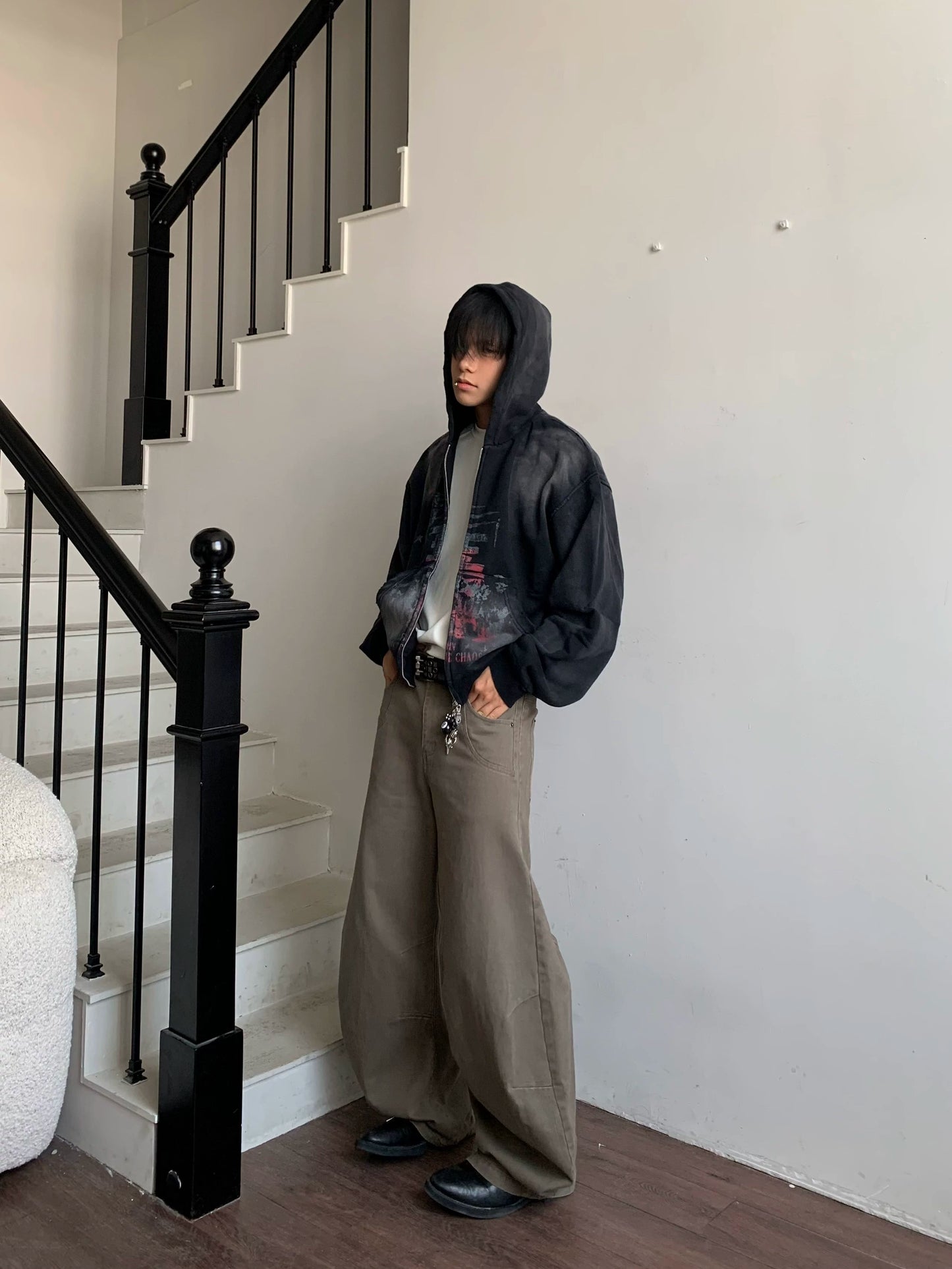 Paint Design Washed Zipper Hoodie WN22179