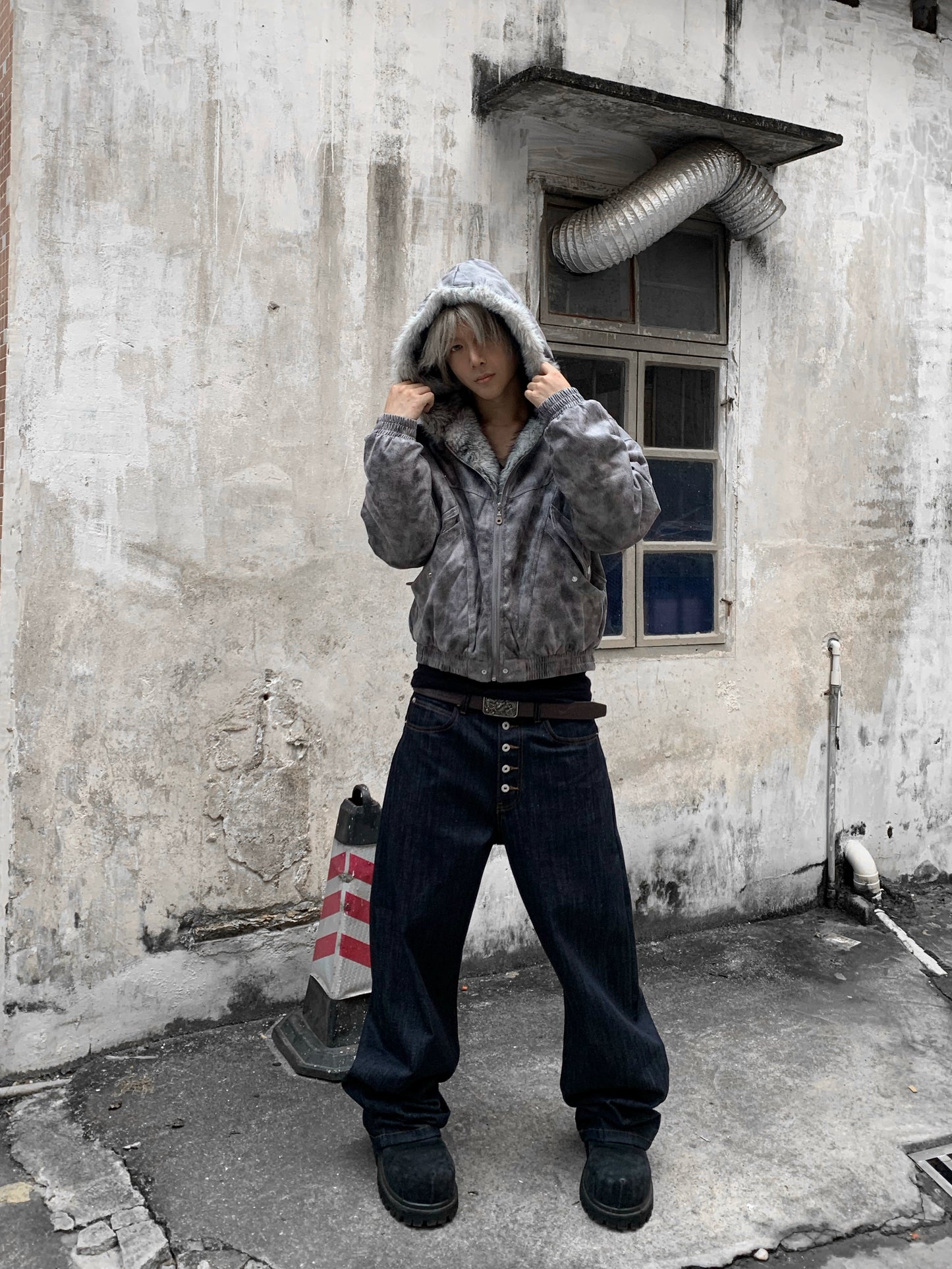 Washed Fake Fur-Collar Hooded Jacket WN22219