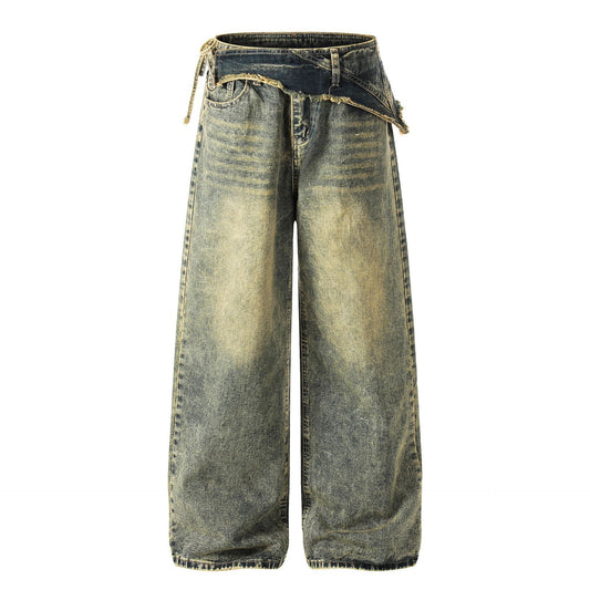 Washed Frayed Wide Leg Straight Denim Jeans WN23039