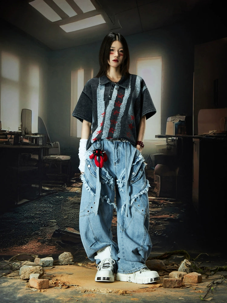 Washed Spray Print Asymmetric Collar Short Sleeve Polo Shirt WN18454