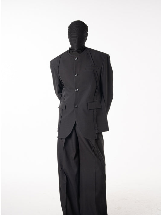 Collarless Seam Design Single-Breasted Jacket & Trousers Setup WN23620