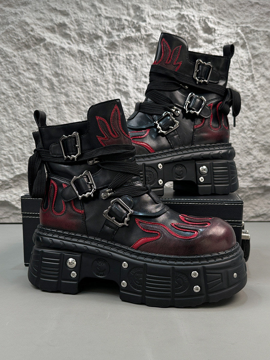Flame Embroidery Strap Buckle Platform Short Boots WN24578
