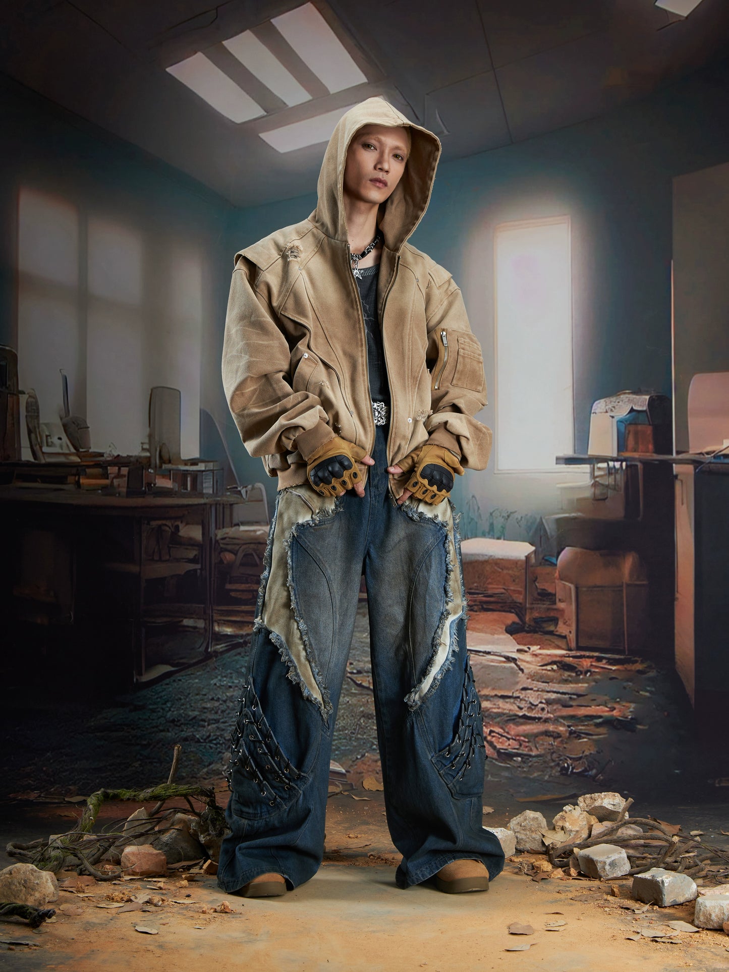 Patchwork Fringe Washed Damage Wide Leg Denim Jeans WN21354