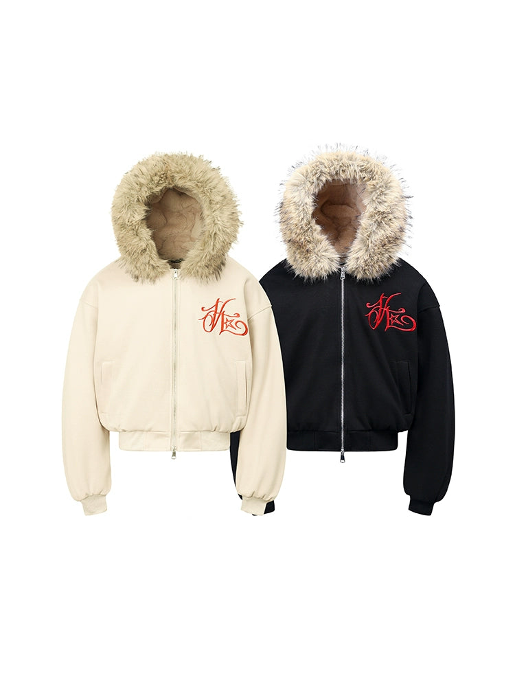 Hooded Embroidered Fake Fur Padded Jacket WN22201