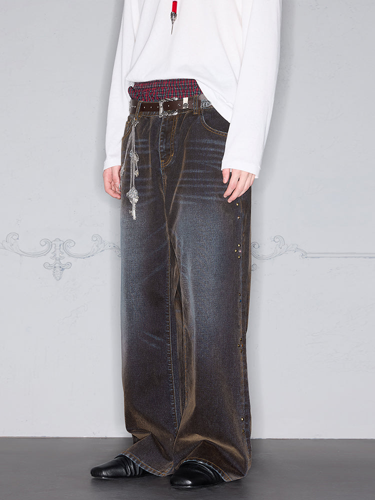 Washed Damage Button Flocking Flare Denim Jeans WN17886