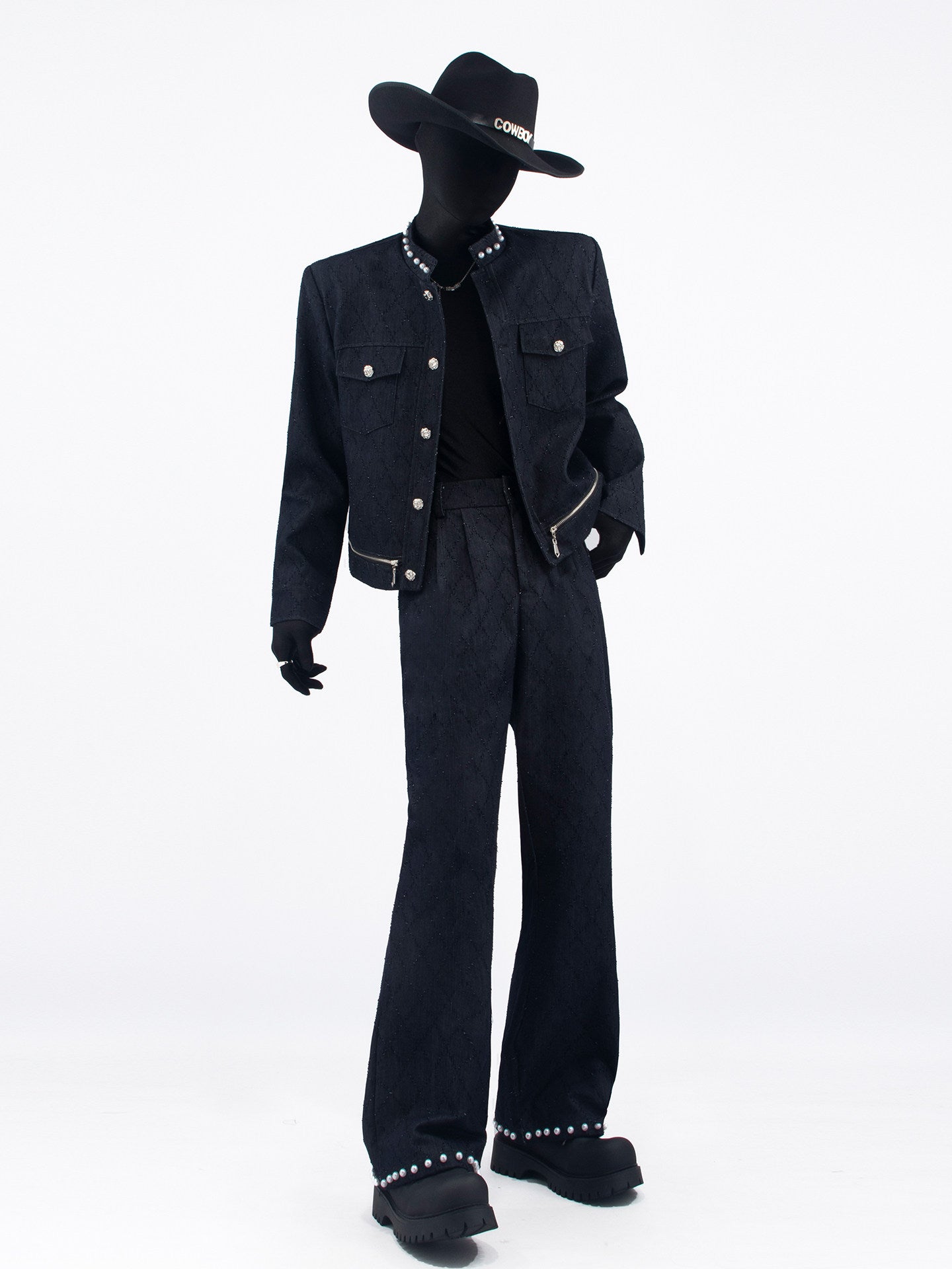 Pearl Decor Short Jacket & Pearl Decor Wide Leg Pants Setup WN23729