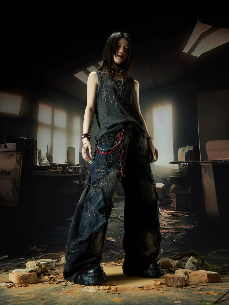 Patchwork Washed Raw Hem Deconstructed Curved Hem Wide Leg Denim Jeans WN18478