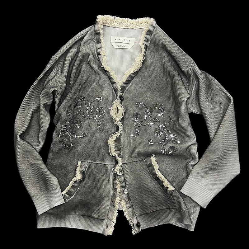 Sequin Embroidery Lace Trim Spray Wash Knit Cardigan WN18925
