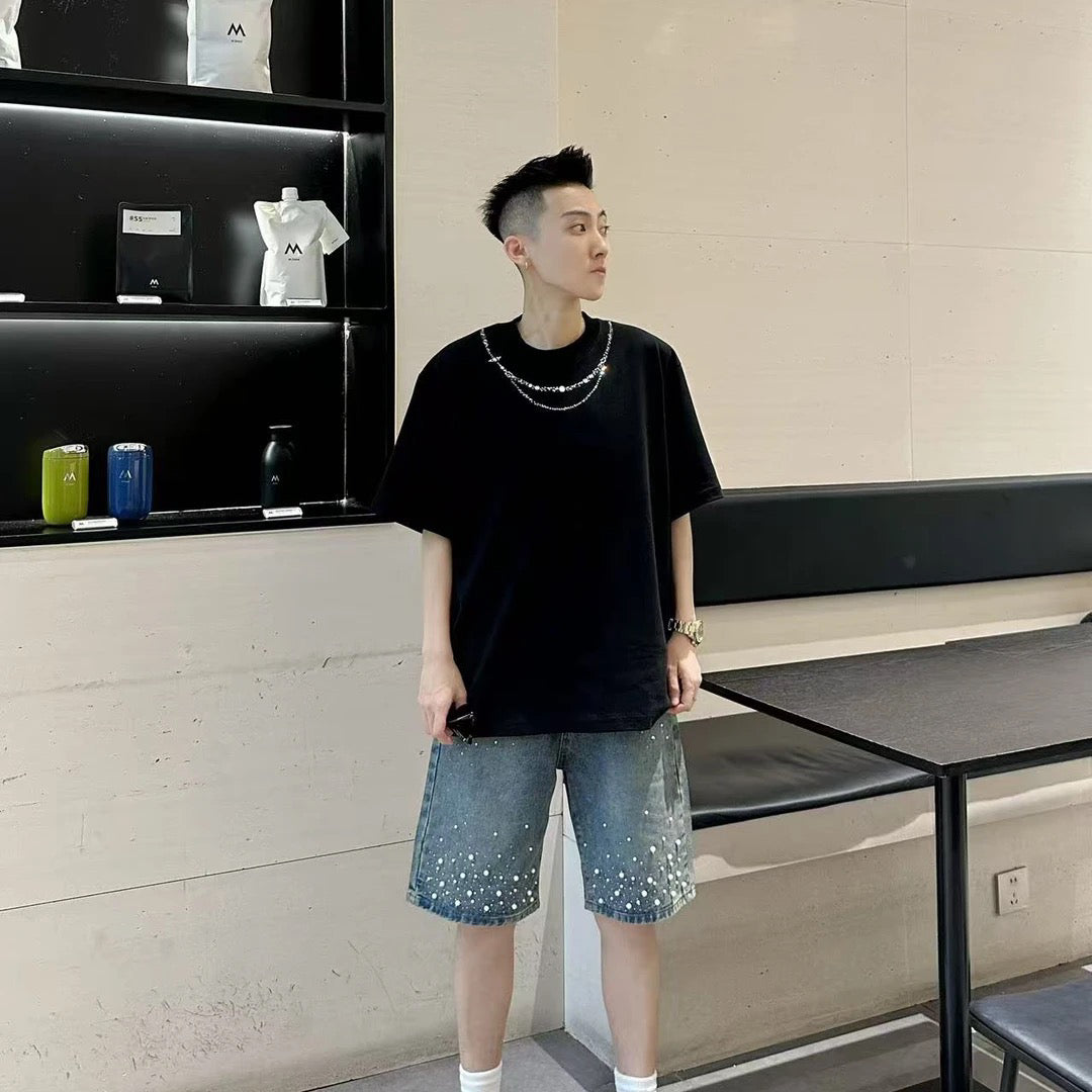 Rhinestone Pearl Necklace Print Short Sleeve T-Shirt WN20702