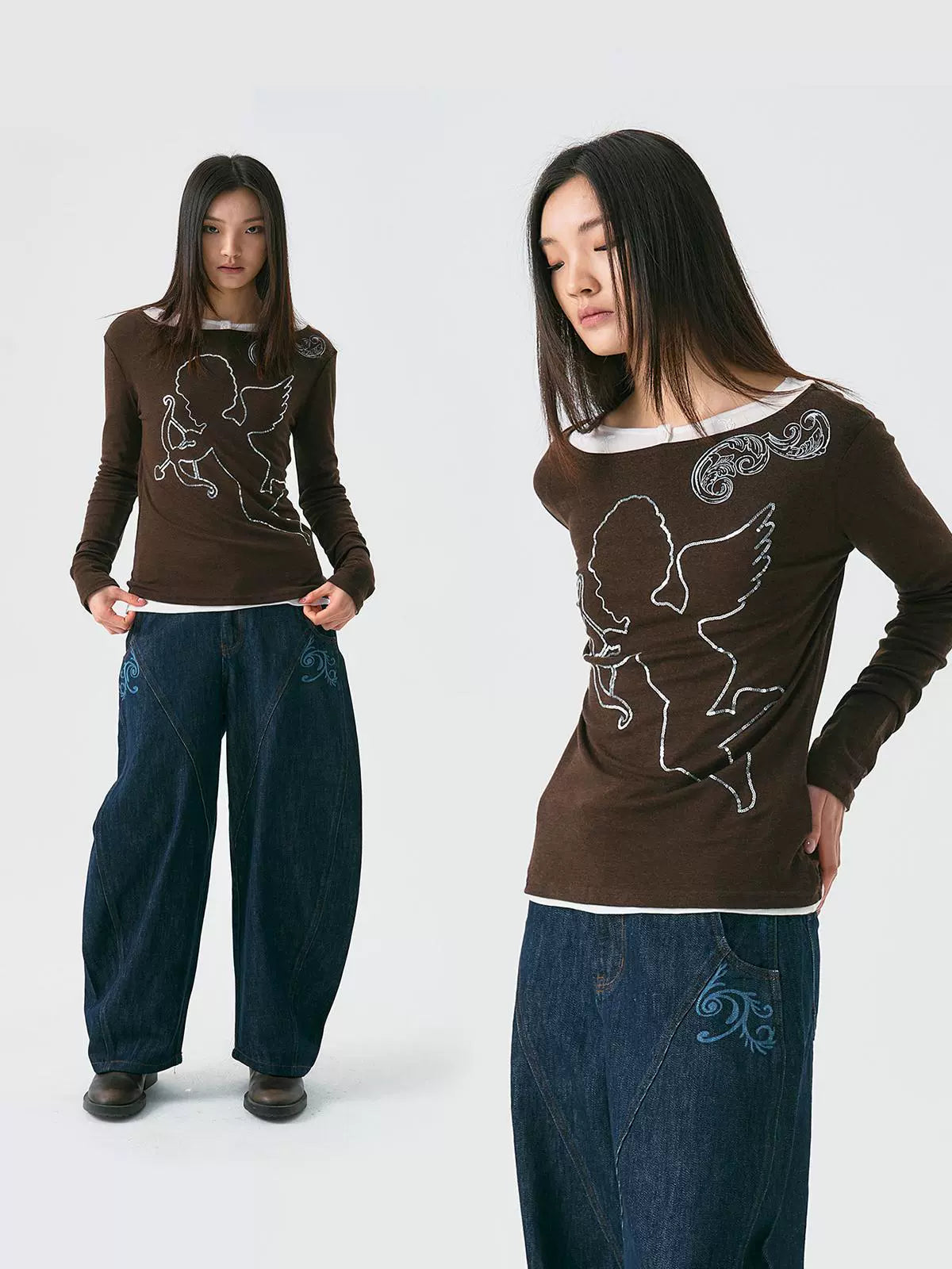 Flower Embroidery Curved Blade Denim Jeans WN18970