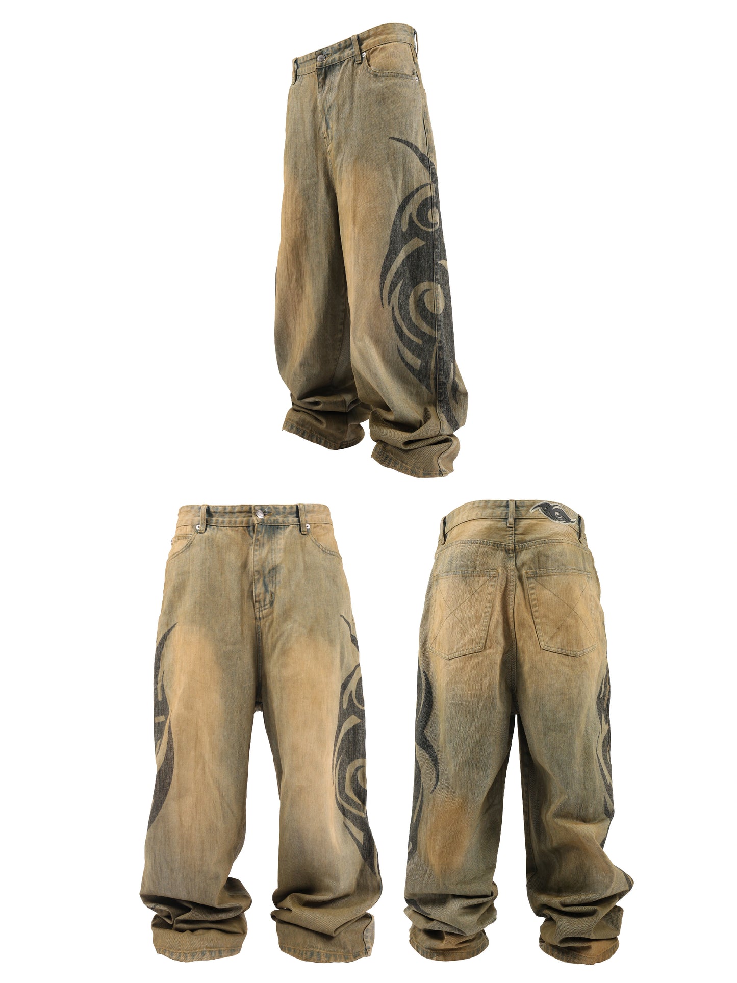 Heavy Wash Mud-Dyed Graphic Print Wide Leg Denim Jeans WN17233