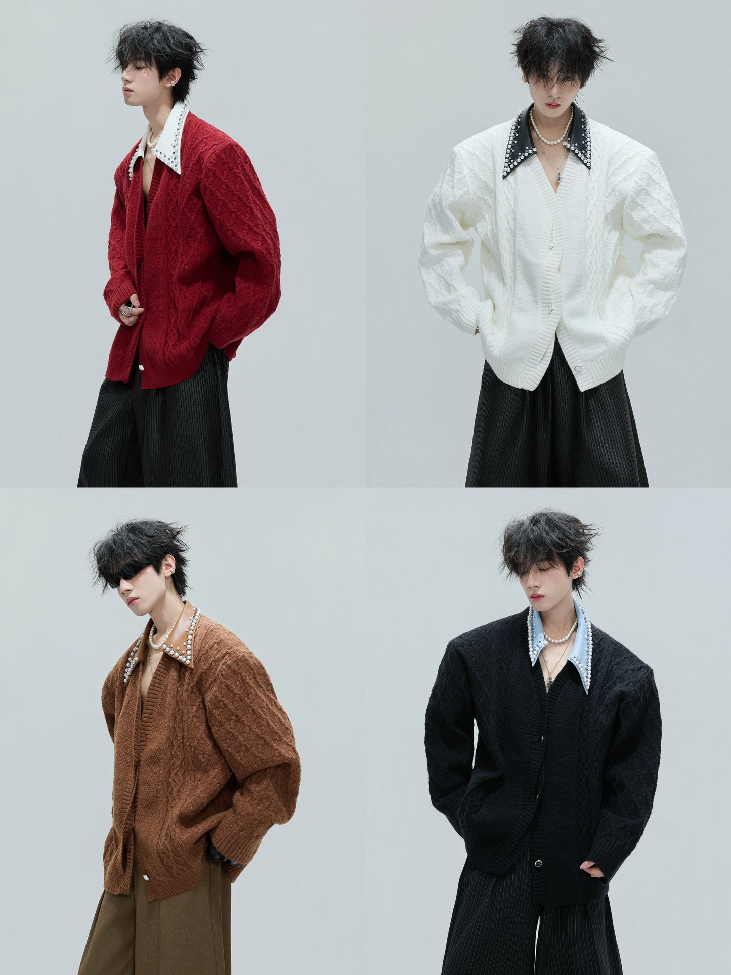 Fake Layered Pearl Embellished Lapel Thick Knit Cardigan WN21722