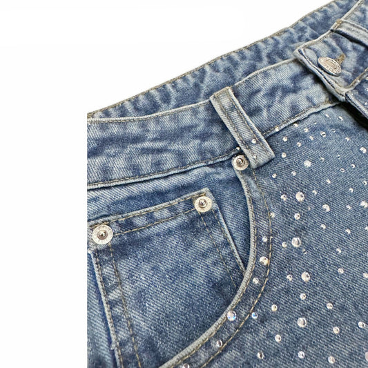 Rhinestone Star Wash Straight Denim Jeans WN20696