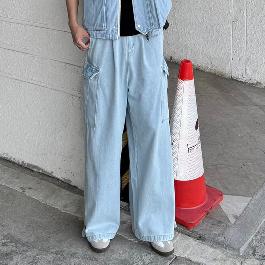 Sleeveless Denim Jacket & Wide Leg Cargo Denim Jeans Setup WN25330