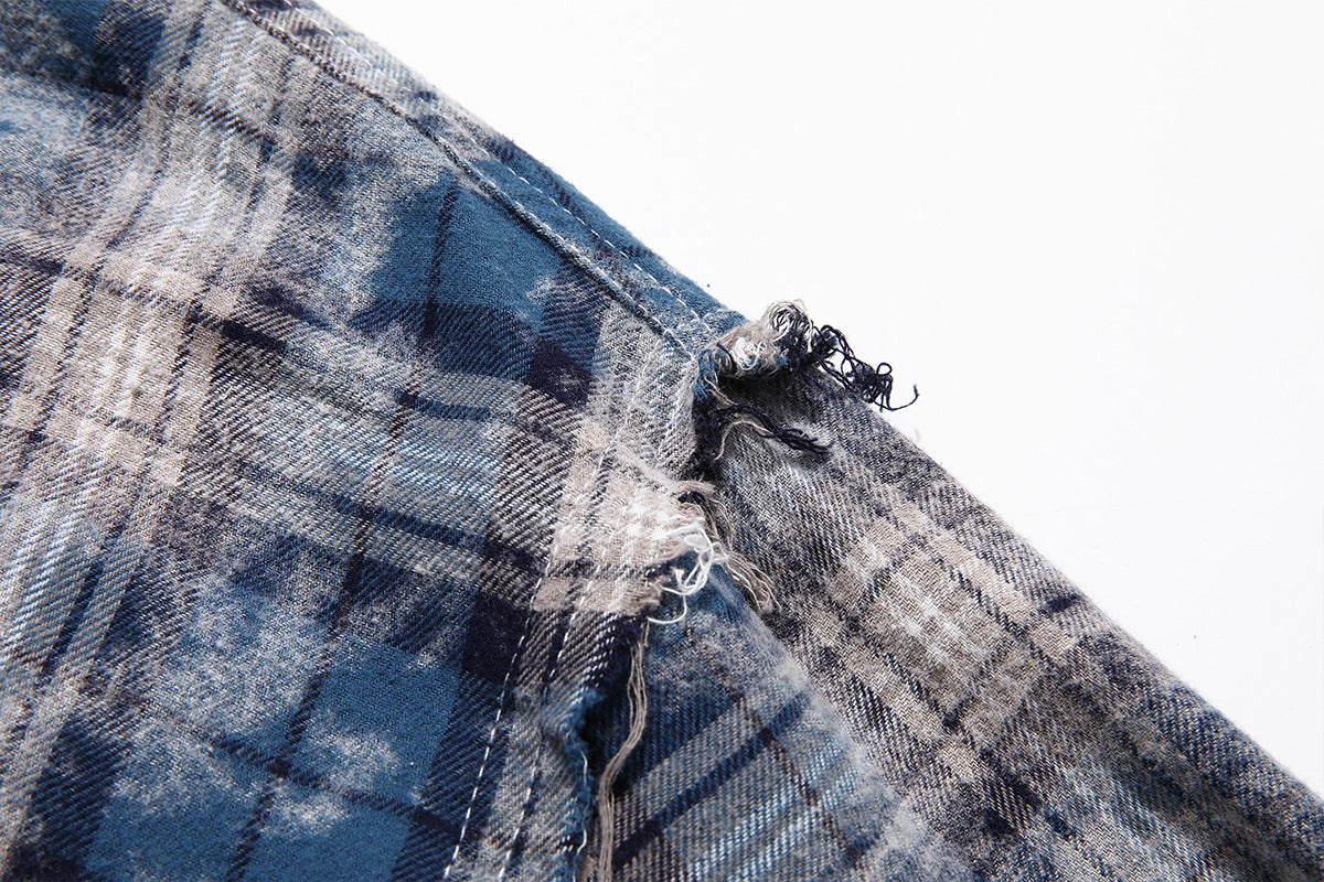 Plaid Washed Fringe Long Sleeve Shirt WN25379