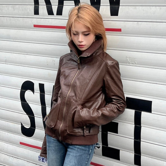PU Leather Zipper Stand Neck Short Jacket WN24036