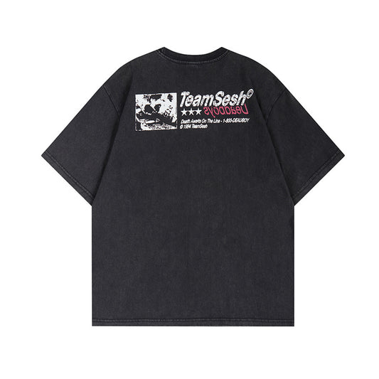 Washed Portrait Letter Print Short Sleeve T-Shirt WN25399
