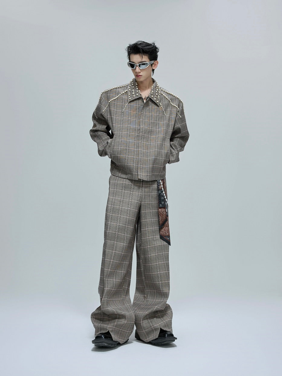 Pearl Houndstooth Lapel Short Jacket & Trousers Setup WN21759