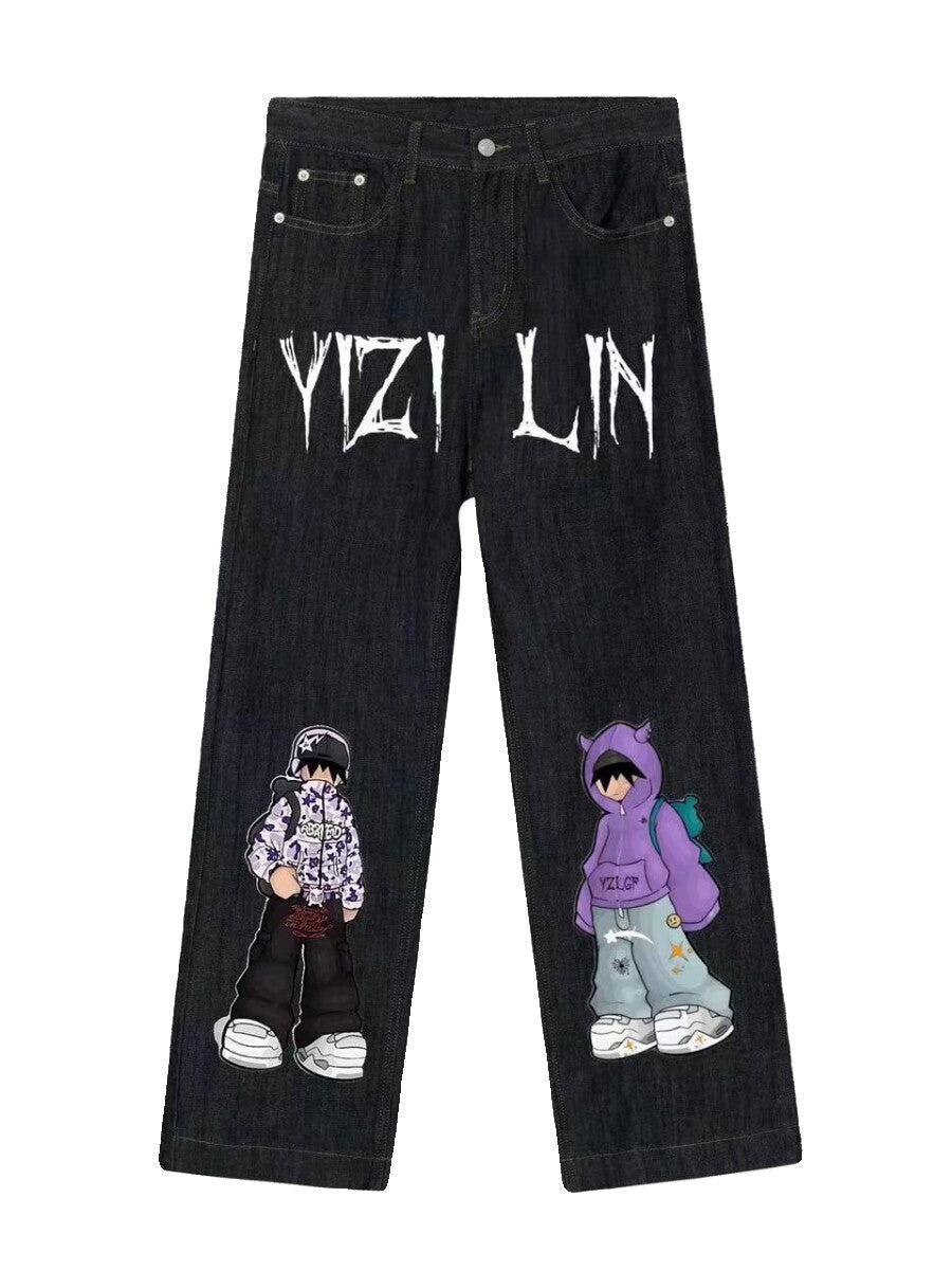 Illustration Print Wide Leg Denim Jeans & Half Denim Jeans WN24037